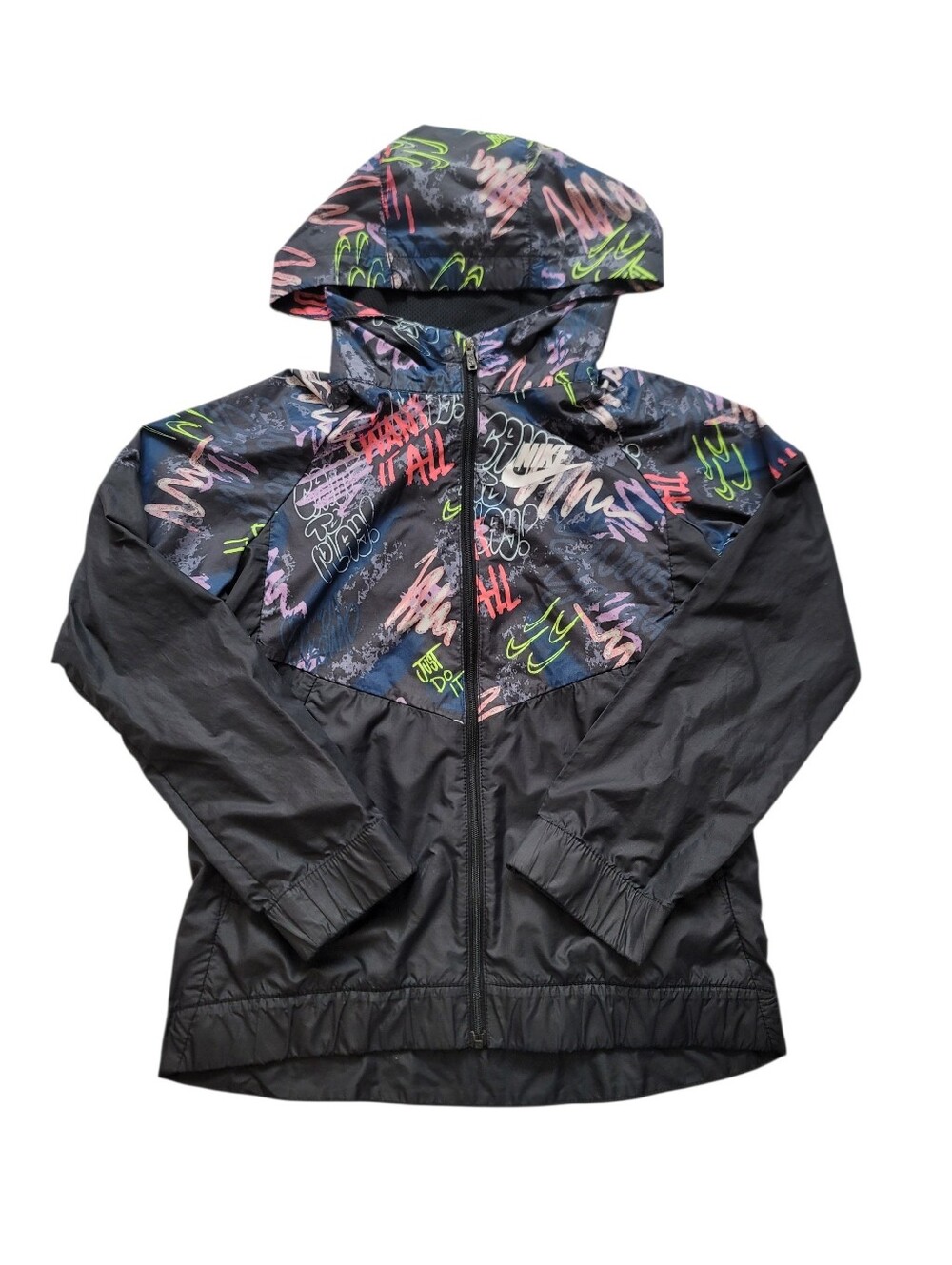 Nike Girls 5/6 Graffiti Windbreaker AOP6‎ Full Zip Hooded Spring Jacket Black
